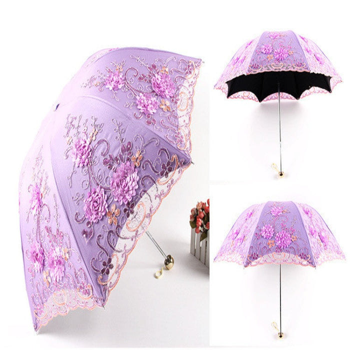 Princess Sun Double Lace Three Folding Women Umbrella