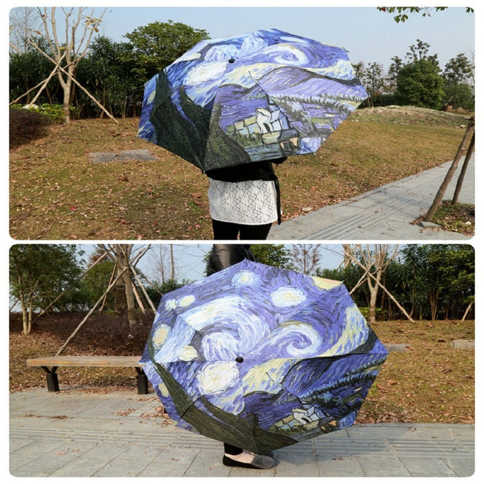 Oil Painting Starry Night Three Folding Umbrella